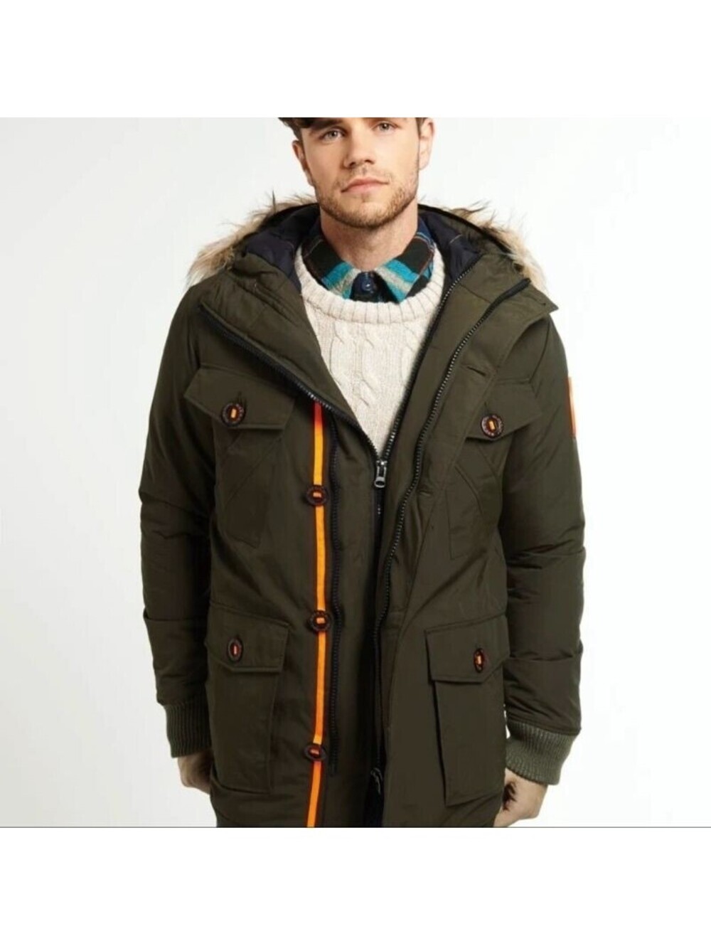 Superdry Military Everest Coat Men’s Small Dull Army Green Faux Fur Hood $228